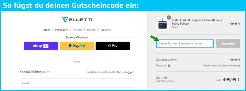 bluettipower Gutschein einfuegen und sparen blau