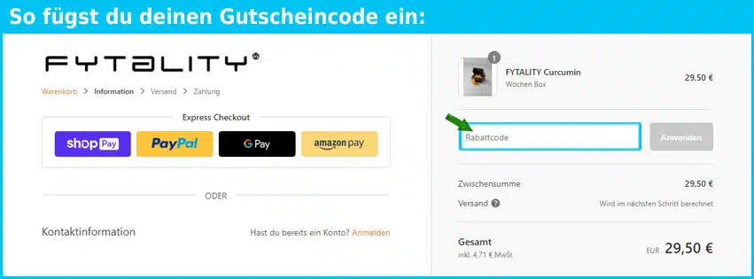 fytality Gutschein einfuegen und sparen blau