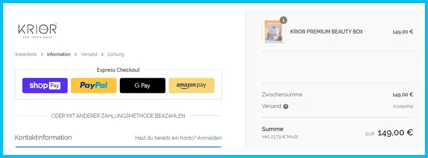krior Gutschein Warenkorb blau