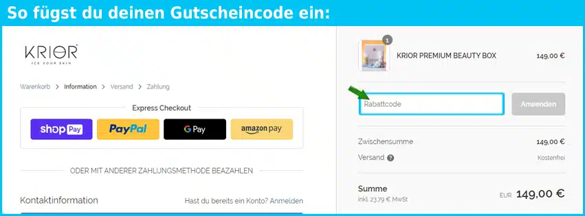 krior Gutschein einfuegen und sparen blau