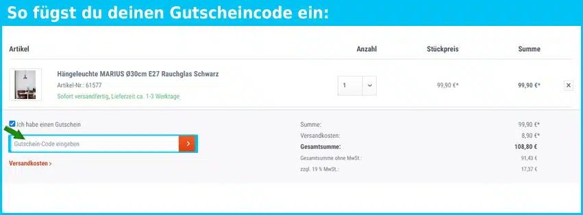 leuchtenform24 Gutschein einfuegen und sparen blau