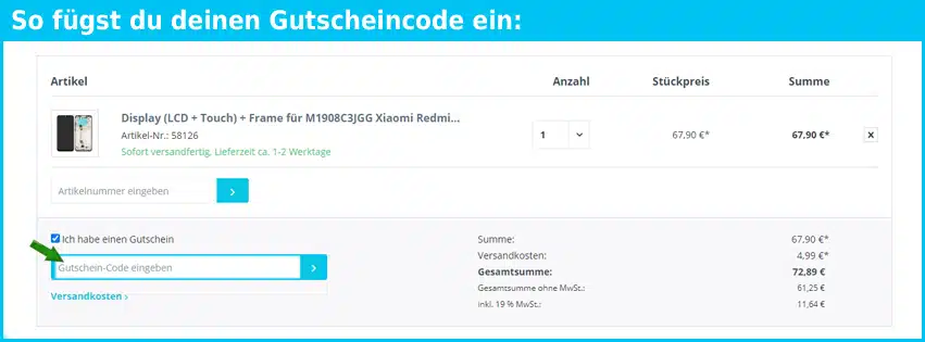 parts4repair Gutschein einfuegen und sparen blau