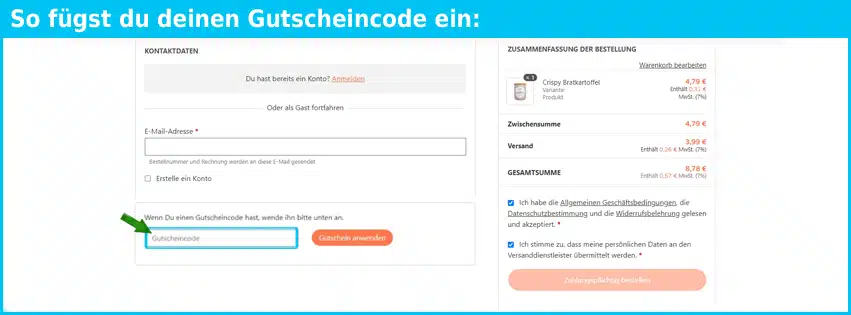 potluck Gutschein einfuegen und sparen blau