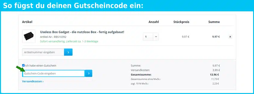 roboter-bausatz Gutschein einfuegen und sparen blau