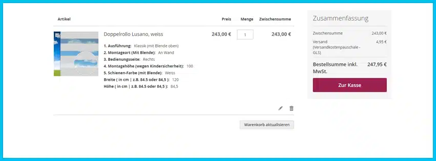 wunschmasse Gutschein Warenkorb blau