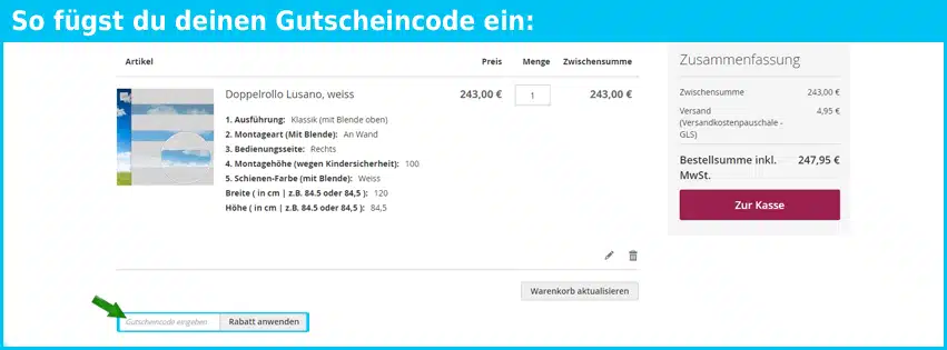 wunschmasse Gutschein einfuegen und sparen blau