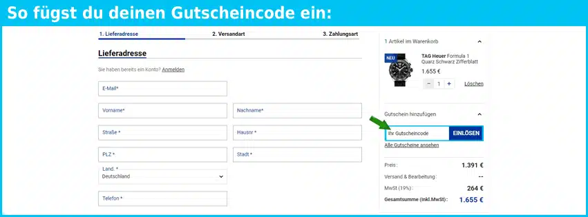 yourwatches Gutschein einfuegen und sparen blau