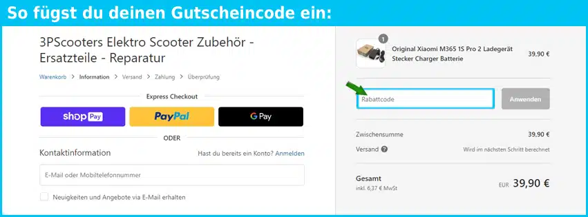 3pscooters Gutschein einfuegen und sparen blau