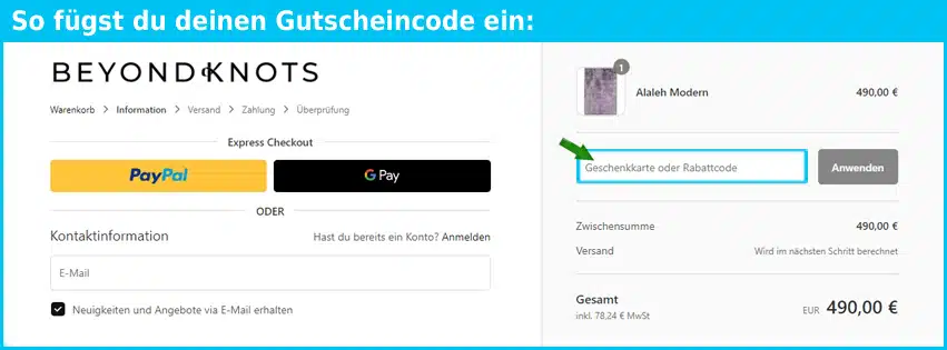 beyondknots Gutschein einfuegen und sparen blau