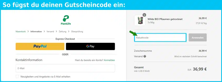 plantlife Gutschein einfuegen und sparen blau