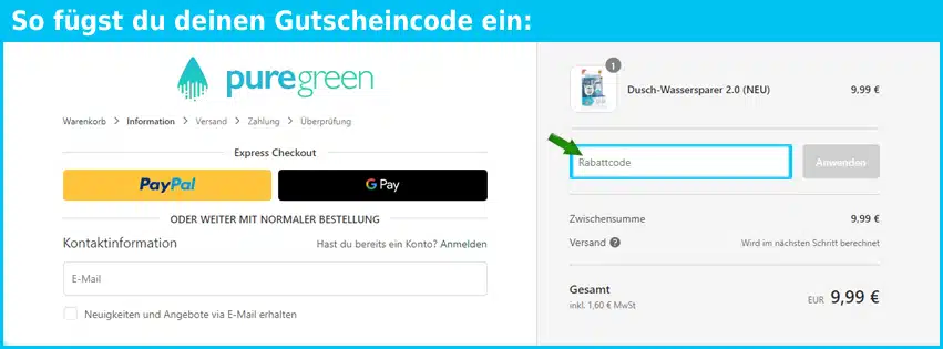 puregreen Gutschein einfuegen und sparen blau