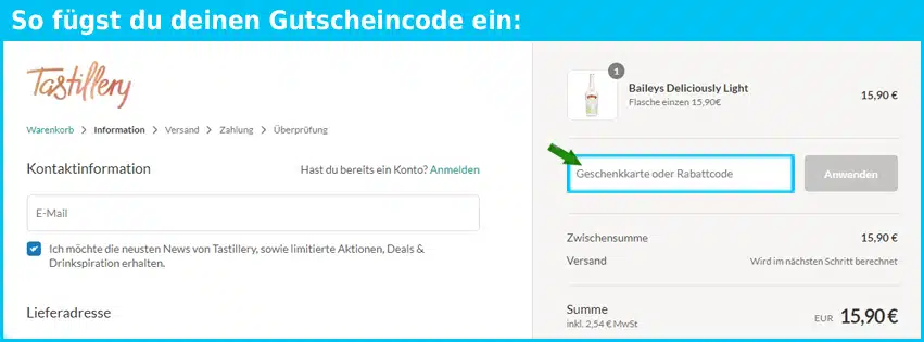 tastillery Gutschein einfuegen und sparen blau