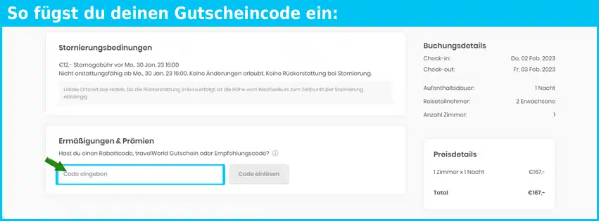 travelworld Gutschein einfuegen und sparen blau