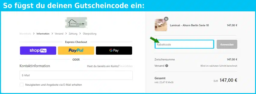 wohntraum.shop Gutschein einfuegen und sparen blau