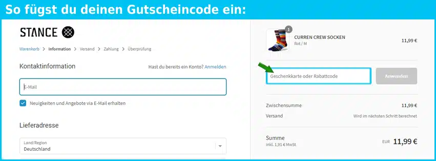 Stance Gutschein einfuegen und sparen blau