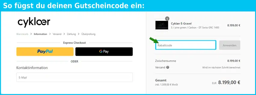 cyklaer Gutschein einfuegen und sparen blau