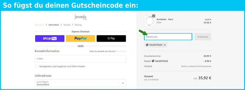 jewelstogo Gutschein einfuegen und sparen blau