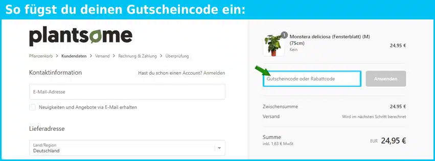 plantsome Gutschein einfuegen und sparen blau