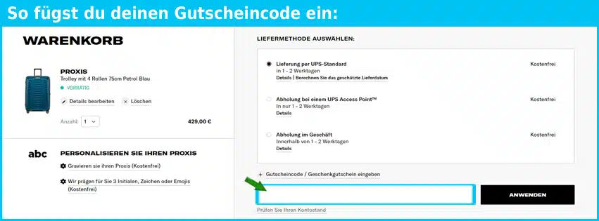 samsonite Gutschein einfuegen und sparen blau