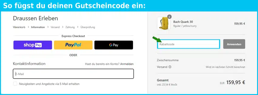 draussenerleben Gutschein einfuegen und sparen blau
