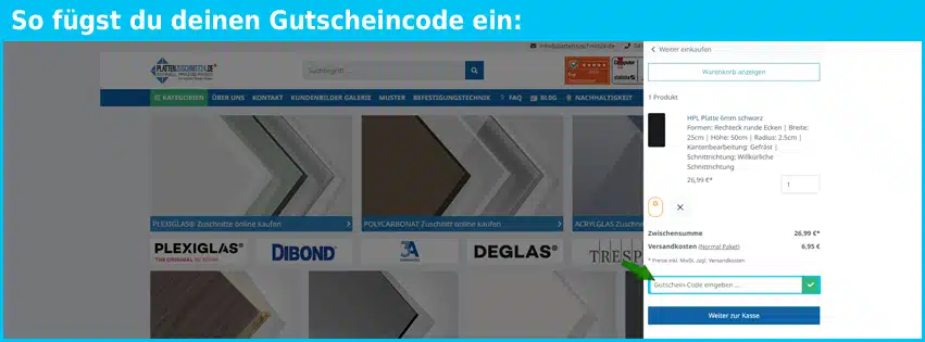 plattenzuschnitt24.de Gutschein einfuegen und sparen blau