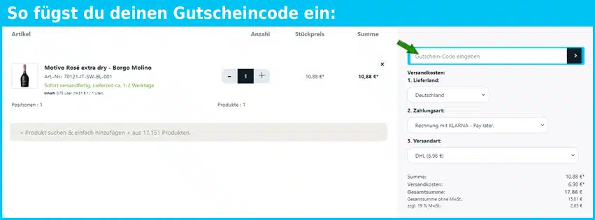 vinello Gutschein einfuegen und sparen blau