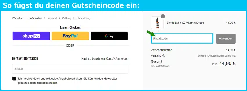 bionicbest Gutschein einfuegen und sparen blau