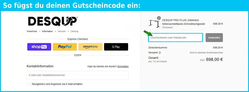 desqup Gutschein einfuegen und sparen blau
