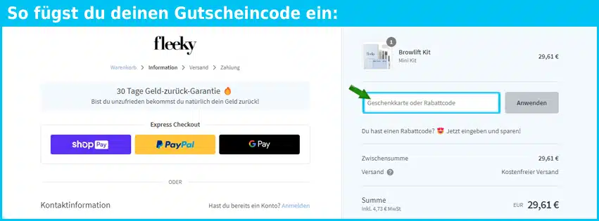 fleeky Gutschein einfuegen und sparen blau