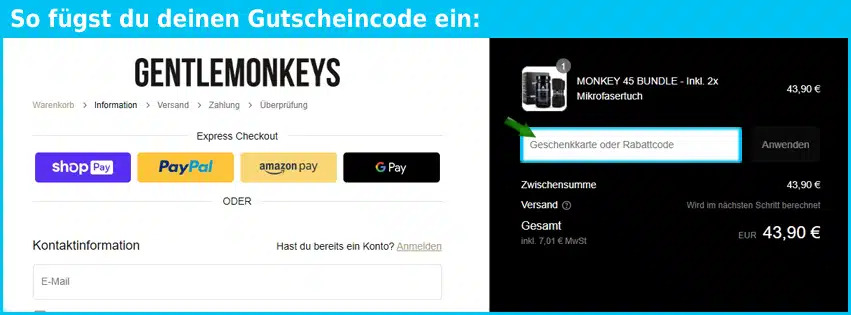 gentlemonkeys Gutschein einfuegen und sparen blau