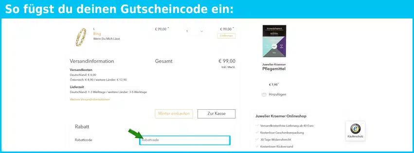 juweliere-kraemer Gutschein einfuegen und sparen blau