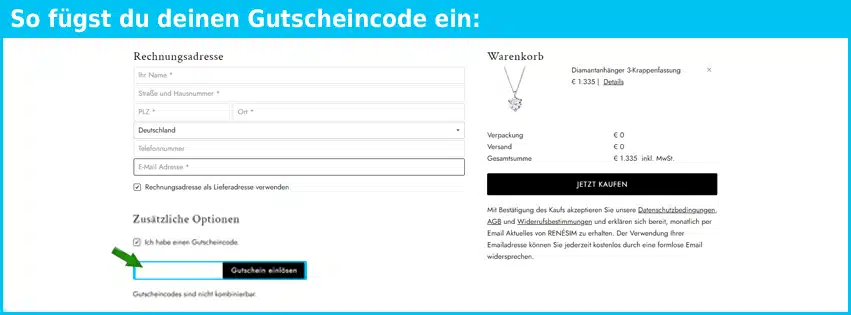 renesim Gutschein einfuegen und sparen blau
