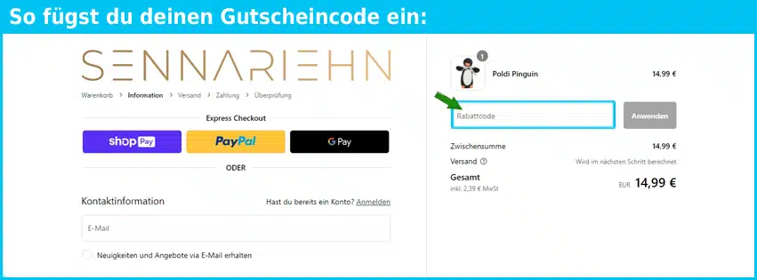 sennariehn Gutschein einfuegen und sparen blau