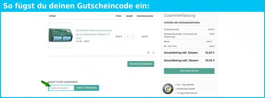 erstehilfeshop.de Gutschein einfuegen und sparen blau