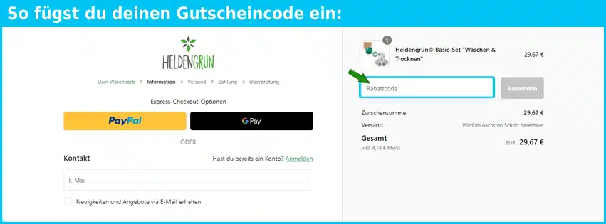 heldengruen Gutschein einfuegen und sparen blau