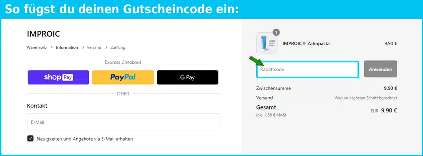 improic Gutschein einfuegen und sparen blau