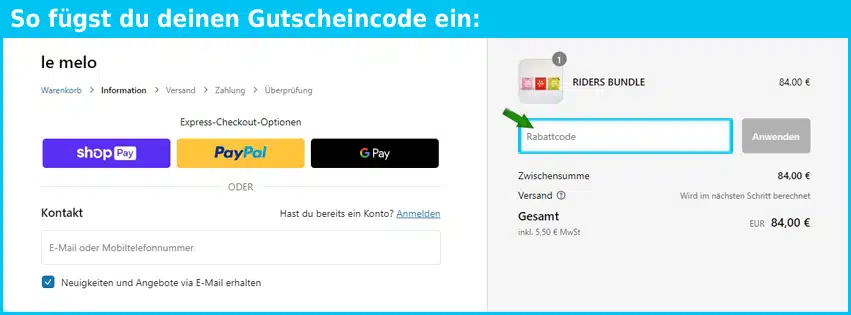 le-melo Gutschein einfuegen und sparen blau