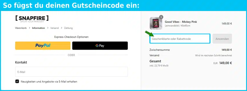 snapfire Gutschein einfuegen und sparen blau