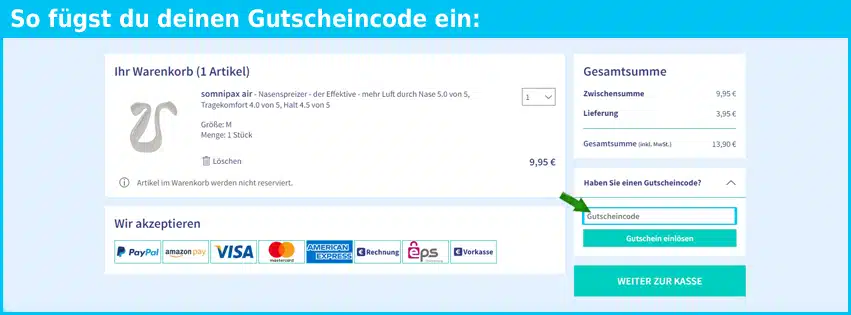 somnishop Gutschein einfuegen und sparen blau