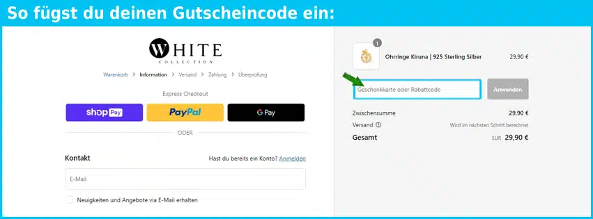 whitecollection Gutschein einfuegen und sparen blau