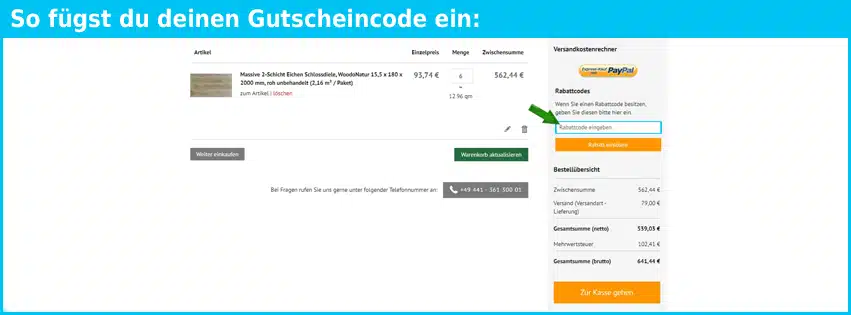 Woodstore24 Gutschein einfuegen und sparen blau