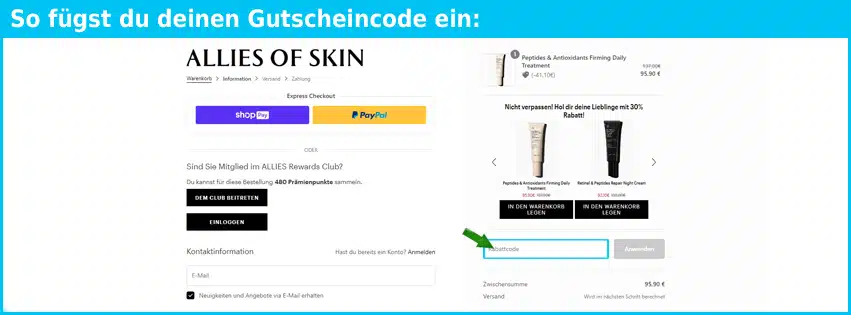 allies Gutschein einfuegen und sparen blau