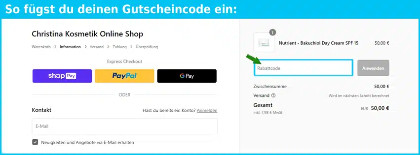 christina-kosmetik Gutschein einfuegen und sparen blau
