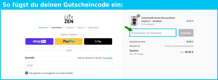 cityzenwear Gutschein einfuegen und sparen blau