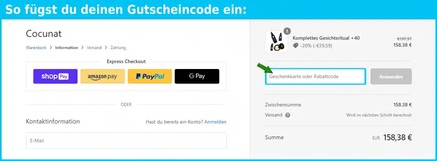 cocunat Gutschein einfuegen und sparen blau