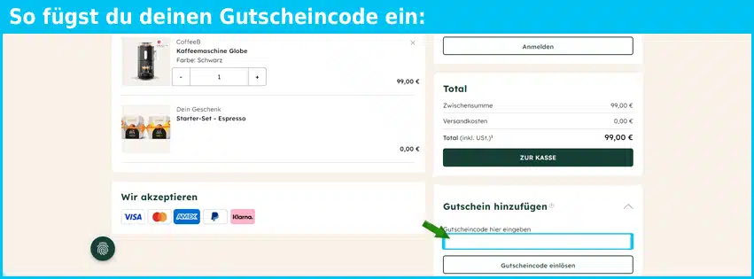 coffeeb Gutschein einfuegen und sparen blau