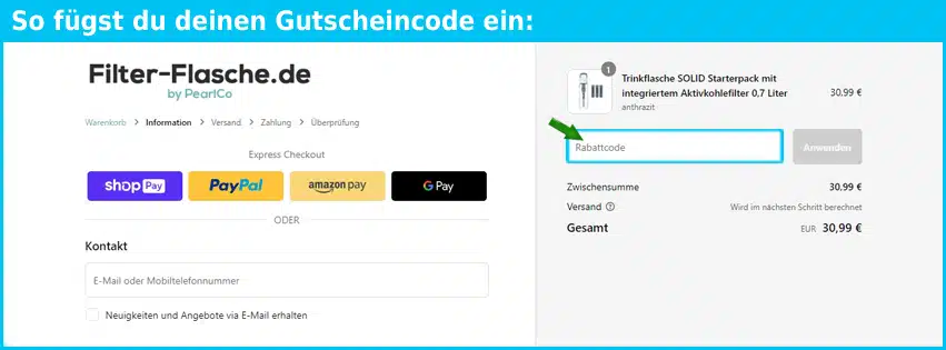 filter-flasche.de Gutschein einfuegen und sparen blau