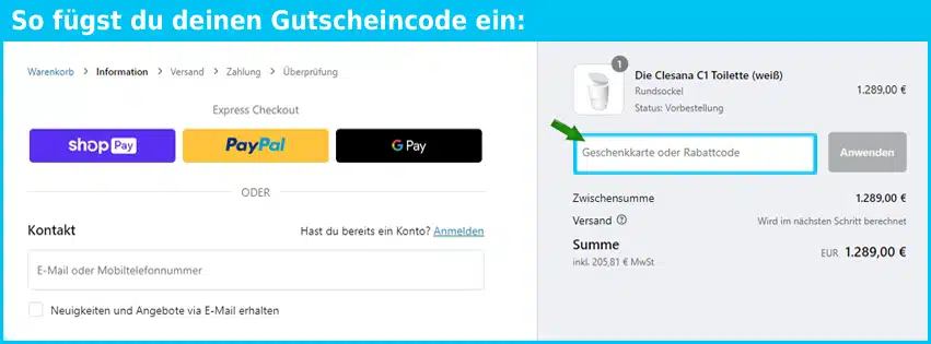 folientoilette.de Gutschein einfuegen und sparen blau
