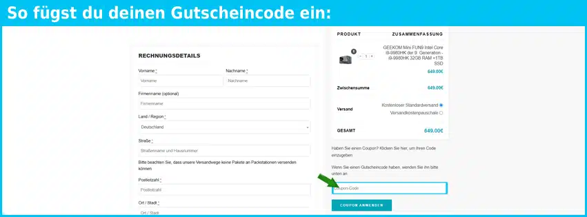 geekom Gutschein einfuegen und sparen blau
