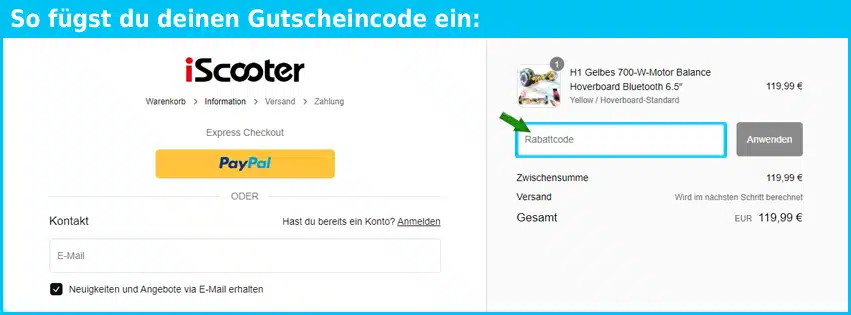 iscooterglobal Gutschein einfuegen und sparen blau